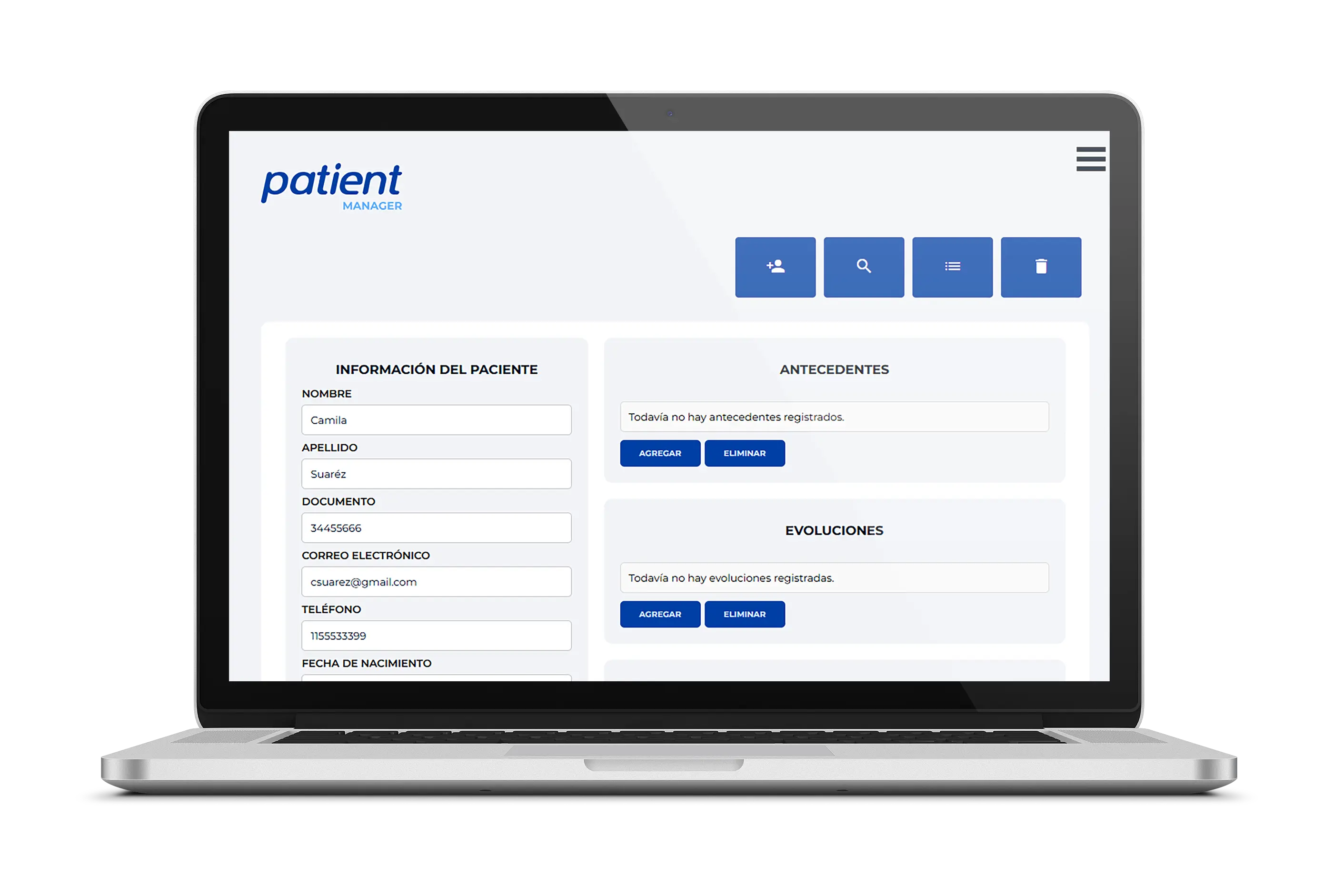 Vista de la aplicación PatientManager en una notebook